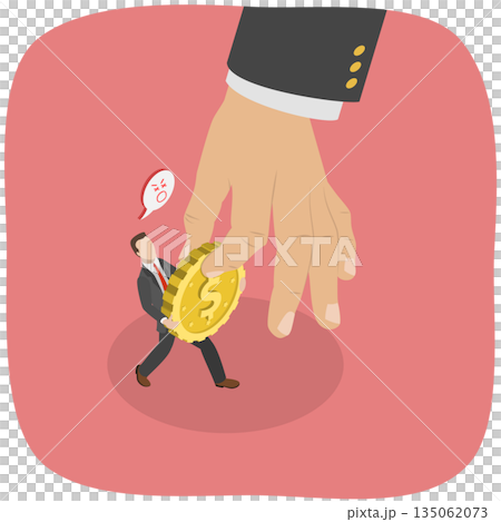 3D Isometric Flat Illustration of Salary Deduction, Government And Bank Steal Final Funds From Entrepreneur. 3D Isometric Flat Illustration of Salary Deduction, Government And Bank Steal Final Funds From Entrepreneur. 135062073