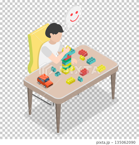 3D Isometric Flat  Illustration of Educational Toys, Cheerful Boy Playing With Blocks At The Table. 135062090