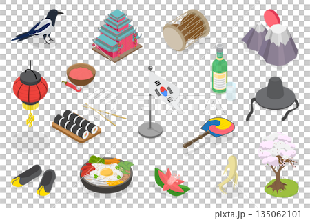 3D Isometric Flat  Illustration of South Korea National Symbols, Culture, Food, Nature, Architecture, And Landmarks 135062101