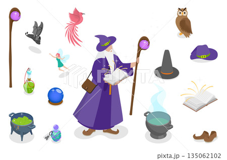 3D Isometric Flat  Illustration of Wizard Character, MagicianS Wizardry Set 135062102