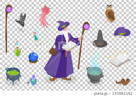 3D Isometric Flat  Illustration of Wizard Character, MagicianS Wizardry Set 135062102