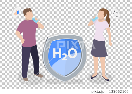 3D Isometric Flat Illustration of Hydration, People Cleans Toxins With Aqua Therapy While Drinking Water 3D Isometric Flat Illustration of Hydration, People Cleans Toxins With Aqua Therapy While Drinking Water 135062103