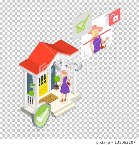 3D Isometric Flat  Illustration of Face Recognition System, Touch-Free Security Access Control 135062107