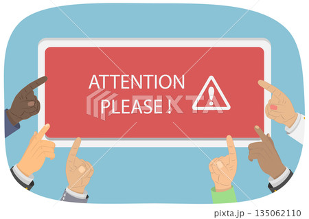 3D Isometric Flat  Illustration of Important Announcement, Numerous Arms Indicating Towards The Banner 135062110