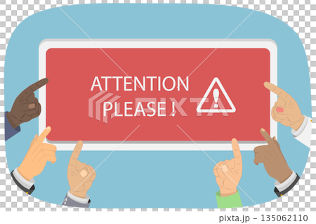 3D Isometric Flat Illustration of Important Announcement, Numerous Arms Indicating Towards The Banner 3D Isometric Flat Illustration of Important Announcement, Numerous Arms Indicating Towards The Banner 135062110