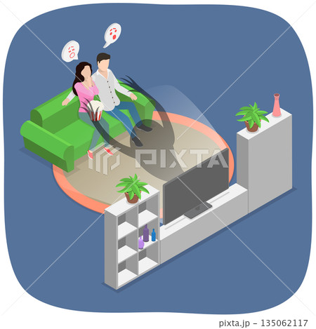 3D Isometric Flat  Illustration of Horror Watching, Romantic At-Home Movie Night Turns Spooky With A Horror Film For This Couple. 135062117