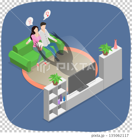 3D Isometric Flat  Illustration of Horror Watching, Romantic At-Home Movie Night Turns Spooky With A Horror Film For This Couple. 135062117
