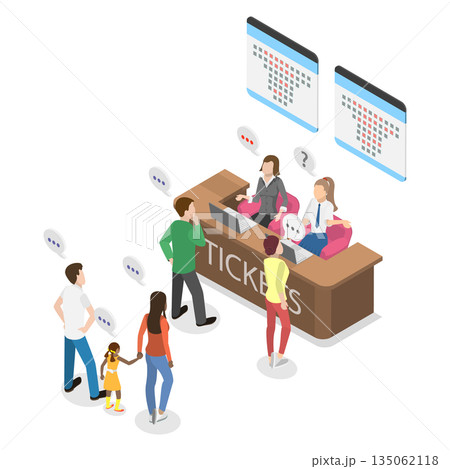 3D Isometric Flat  Illustration of Cinema Ticket Counter, Customers Purchasing Movie Tickets From The Ticket Booth. 135062118