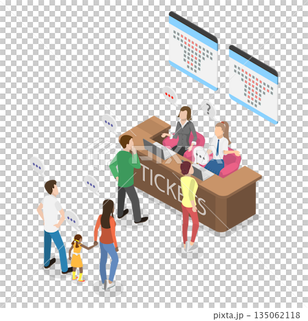3D Isometric Flat  Illustration of Cinema Ticket Counter, Customers Purchasing Movie Tickets From The Ticket Booth. 135062118