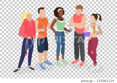 3D Isometric Flat  Illustration of Friends Workout Together, Excited People In Athletic Attire Pose In Gym With Fitness Gear 135062124