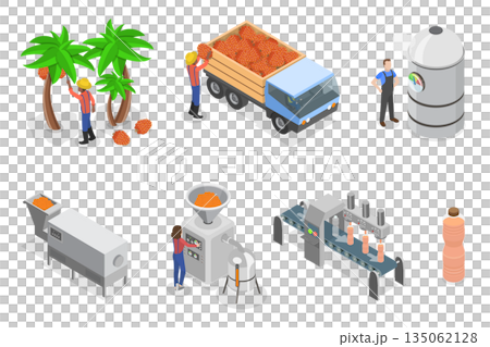 3D Isometric Flat Illustration of Farm Plantation, Palm Oil Production Process 3D Isometric Flat Illustration of Farm Plantation, Palm Oil Production Process 135062128
