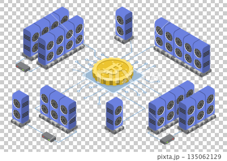 3D Isometric Flat Illustration of Crypto Farm, Bitcoin Mining 3D Isometric Flat Illustration of Crypto Farm, Bitcoin Mining 135062129
