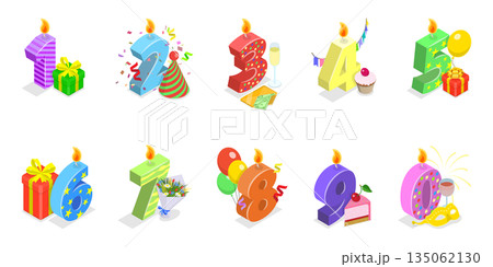 3D Isometric Flat  Illustration of Birthday Numbers, Anniversary Candles Set 135062130