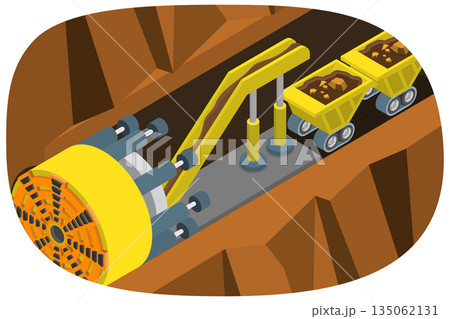 3D Isometric Flat  Illustration of Boring Tunnel Machine, Underground Construction 135062131