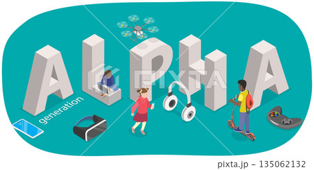3D Isometric Flat  Illustration of Alpha Generation, Demography and Sociology 135062132