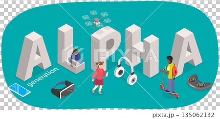3D Isometric Flat  Illustration of Alpha Generation, Demography and Sociology 135062132