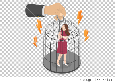 3D Isometric Flat  Illustration of Girl In Birdcage, Man Dominates Relationship By Locking Unhappy Woman In Birdcage 135062134