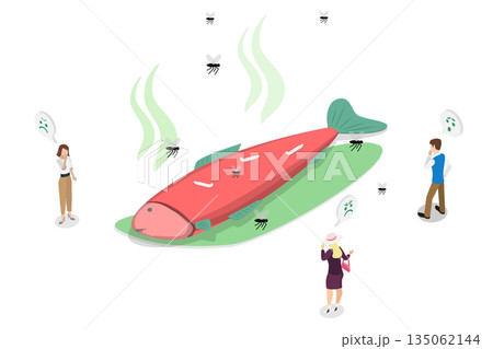 3D Isometric Flat  Illustration of Stinky Fish, Decaying Smelly Aquatic Animal 135062144