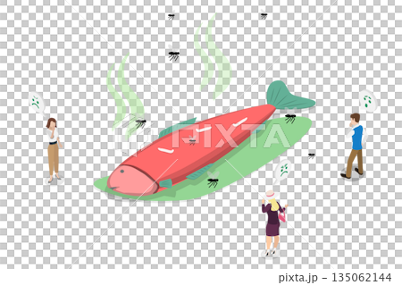 3D Isometric Flat  Illustration of Stinky Fish, Decaying Smelly Aquatic Animal 135062144