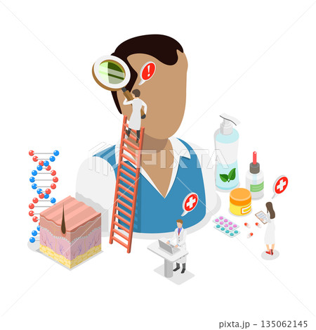 3D Isometric Flat Illustration of Hair Loss Treatment, Male Character With Alopecia 3D Isometric Flat Illustration of Hair Loss Treatment, Male Character With Alopecia 135062145