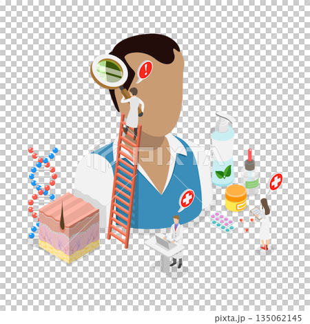 3D Isometric Flat  Illustration of Hair Loss Treatment, Male Character With Alopecia 135062145