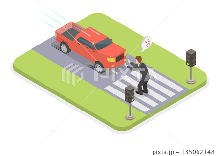 3D Isometric Flat Illustration of Frightened Pedestrian At Crosswalk, Person Almost Hit By Car At Crossing 3D Isometric Flat Illustration of Frightened Pedestrian At Crosswalk, Person Almost Hit By Car At Crossing 135062148
