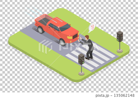 3D Isometric Flat Illustration of Frightened Pedestrian At Crosswalk, Person Almost Hit By Car At Crossing 3D Isometric Flat Illustration of Frightened Pedestrian At Crosswalk, Person Almost Hit By Car At Crossing 135062148