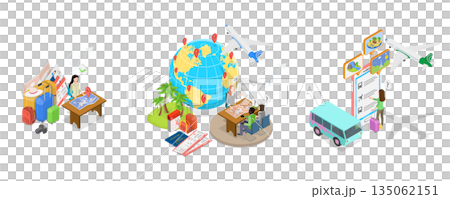 3D Isometric Flat Illustration of Itinerary Planning, Set Of Travel Planners. 3D Isometric Flat Illustration of Itinerary Planning, Set Of Travel Planners. 135062151