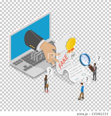 3D Isometric Flat Illustration of Fake Detector, Inspector Authenticates Phony Document 3D Isometric Flat Illustration of Fake Detector, Inspector Authenticates Phony Document 135062153