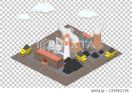 3D Isometric Flat Illustration of Coal Fired Power Plant, Coal Being Transported By Dump Trucks for Processing 3D Isometric Flat Illustration of Coal Fired Power Plant, Coal Being Transported By Dump Trucks for Processing 135062156