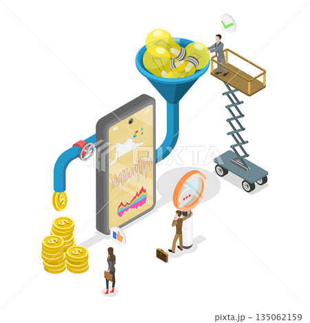 3D Isometric Flat Illustration of Sales Funnel, Mobile App In Phone, Transforming Ideas Into Cash 3D Isometric Flat Illustration of Sales Funnel, Mobile App In Phone, Transforming Ideas Into Cash 135062159