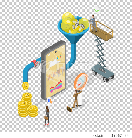 3D Isometric Flat  Illustration of Sales Funnel, Mobile App In Phone, Transforming Ideas Into Cash 135062159