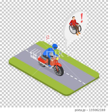 3D Isometric Flat  Illustration of Motorcycle Accident Consequences, Dangerous Road Traffic Accidents 135062169