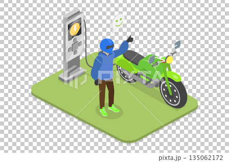 3D Isometric Flat  Illustration of Renewable Eco Technologies, Electric Motorbike Public Charging Station 135062172