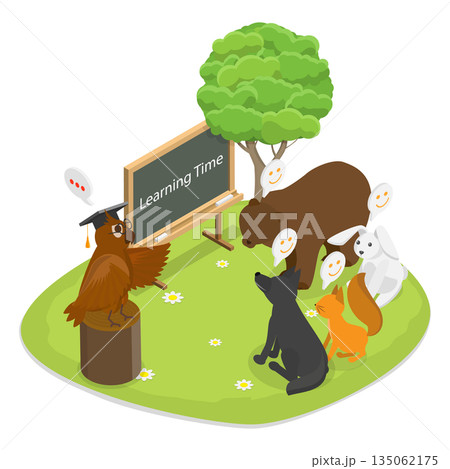 3D Isometric Flat Illustration of Forest School, Studying Animals 3D Isometric Flat Illustration of Forest School, Studying Animals 135062175