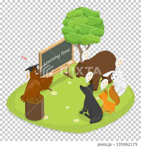 3D Isometric Flat Illustration of Forest School, Studying Animals 3D Isometric Flat Illustration of Forest School, Studying Animals 135062175
