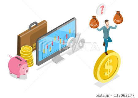 3D Isometric Flat Illustration of Investment Opportunities, Balancing On Giant Dollar Coin, Deciding Between Stocks And Bonds 3D Isometric Flat Illustration of Investment Opportunities, Balancing On Giant Dollar Coin, Deciding Between Stocks And Bonds 135062177