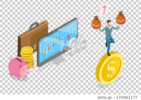 3D Isometric Flat Illustration of Investment Opportunities, Balancing On Giant Dollar Coin, Deciding Between Stocks And Bonds 3D Isometric Flat Illustration of Investment Opportunities, Balancing On Giant Dollar Coin, Deciding Between Stocks And Bonds 135062177