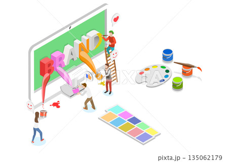 3D Isometric Flat Illustration of Rebranding, Creating A Brand Name For A Product, Company, Or Service Through Strategic Planning And Creativity. 3D Isometric Flat Illustration of Rebranding, Creating A Brand Name For A Product, Company, Or Service Through Strategic Planning And Creativity. 135062179