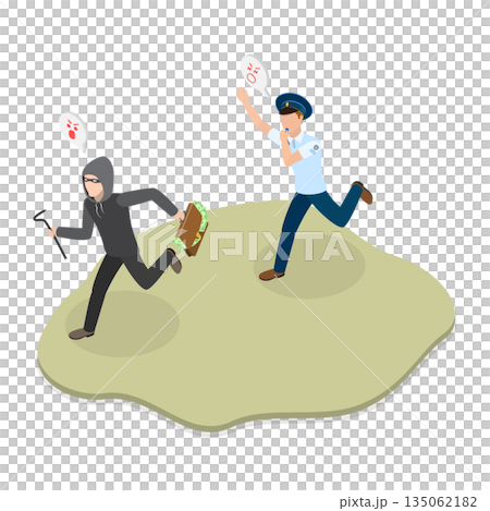 3D Isometric Flat Illustration of Thief Catching, Officer Pursuing Thief 3D Isometric Flat Illustration of Thief Catching, Officer Pursuing Thief 135062182