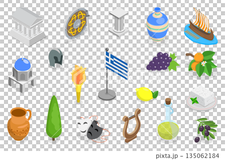 3D Isometric Flat  Illustration of Greece, Banner Design Featuring Cultural Elements For Travel Inspiration 135062184