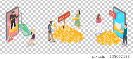 3D Isometric Flat Illustration of Spam, Excessive Emails, Phishing, And Scam Activity 3D Isometric Flat Illustration of Spam, Excessive Emails, Phishing, And Scam Activity 135062188