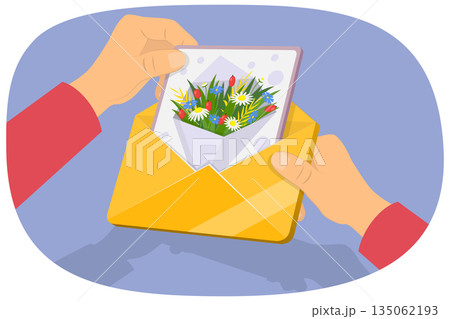 3D Isometric Flat Illustration of Holiday Postcard, Hands Opening Mail Envelope To Take Or Put Postcard 3D Isometric Flat Illustration of Holiday Postcard, Hands Opening Mail Envelope To Take Or Put Postcard 135062193