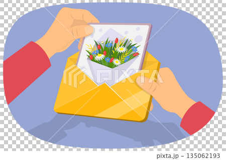 3D Isometric Flat Illustration of Holiday Postcard, Hands Opening Mail Envelope To Take Or Put Postcard 3D Isometric Flat Illustration of Holiday Postcard, Hands Opening Mail Envelope To Take Or Put Postcard 135062193