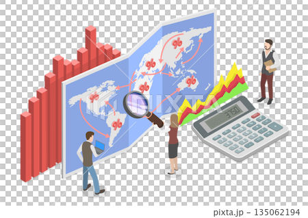 3D Isometric Flat Illustration of Population Research, Exploring Global Population Statistics With Magnifying Glass On World Map. 3D Isometric Flat Illustration of Population Research, Exploring Global Population Statistics With Magnifying Glass On World Map. 135062194