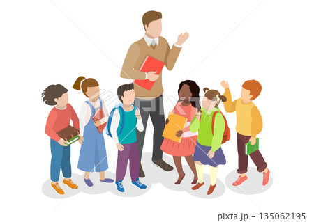 3D Isometric Flat  Illustration of Pedagogue With Pupils, Teacher With Children 135062195