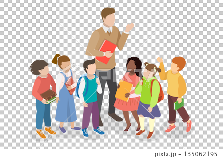 3D Isometric Flat  Illustration of Pedagogue With Pupils, Teacher With Children 135062195