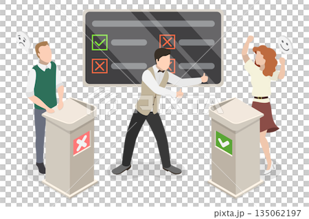 3D Isometric Flat Illustration of Trivia, TV Quiz Show With Host And Two Participants Answering Questions 3D Isometric Flat Illustration of Trivia, TV Quiz Show With Host And Two Participants Answering Questions 135062197