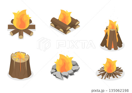 3D Isometric Flat  Set of Bonfires, Wooden Boards Used For Nighttime Outdoor Bonfire With Flaming Logs And Coals 135062198