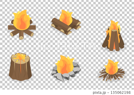 3D Isometric Flat  Set of Bonfires, Wooden Boards Used For Nighttime Outdoor Bonfire With Flaming Logs And Coals 135062198